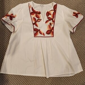 Madewell White Striped Blouse with Floral Embroidery Sz XL